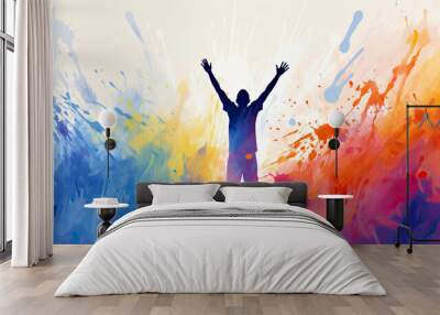 Man raises his hands to worship and praise God. Christian illustration. Wall mural