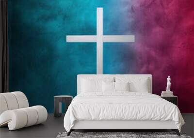 Minimalist white cross against a vibrant, textured background blending blue and purple tones, symbolizing faith and spirituality in a modern, abstract composition. Wall mural