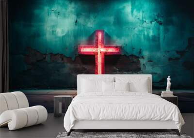 Modern concrete background with cross. Christian illustration. Wall mural