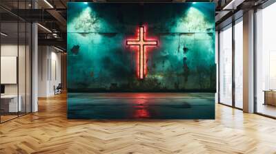 Modern concrete background with cross. Christian illustration. Wall mural