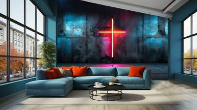 Modern concrete background with cross. Christian illustration. Wall mural