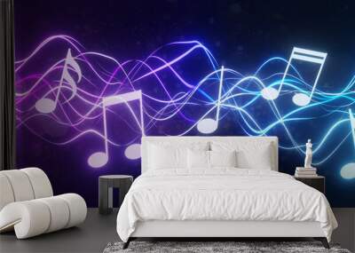 Musical note concept. Staff treble clef notes. Music concert or worship night with colorful lights and bokeh background. Song or music with wide backdrop. 3D rendering. Wall mural