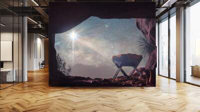 Nativity scene. Birth of Jesus Christ with manger in dark blue landscape and the star of Bethlehem. 3D rendering. Wall mural