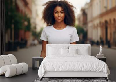 Plain white t-shirt mockup design. Portrait of young afro american woman on urban background. Front view. Wall mural