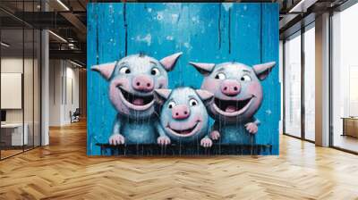 Portrait of a oil painting portrait of funny and happy pigs on blue background. Wall mural