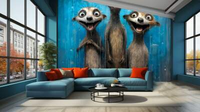 Portrait of a oil painting portrait of funny and happy suricates on blue background. Wall mural