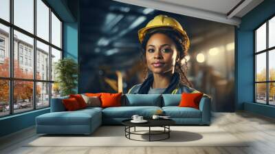 Portrait of a professional young female industry engineer or worker wearing a safety uniform and a hard hat. Wall mural