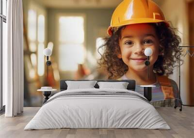 Portrait of a small cute girl wearing a hard hat. Renovation or construction concept. Wall mural