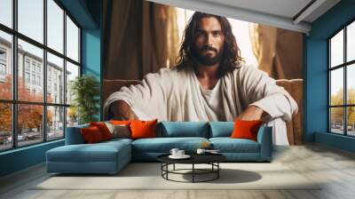 Portrait of Jesus captured in an emotive and serene moment. Christian illustration. Wall mural