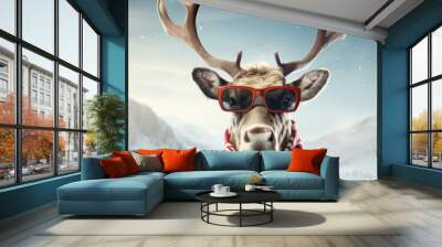 Portrait of reindeer Rudolph with sunglasses. Merry Christmas banner. Wall mural