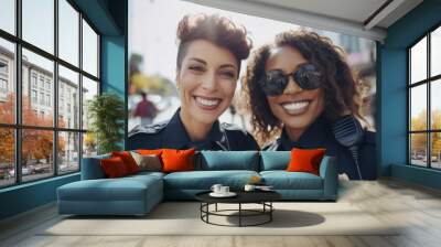 Portrait of two female smiling police officer in urban background. Wall mural