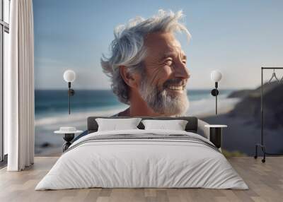 Smiling Senior man has fun on the beach in summer. Wall mural