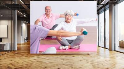 Couple of active seniors during exercises on gym with young instructor Wall mural