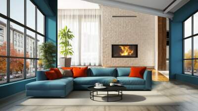 Fireplace on brick wall in bright living room interior of house with plant and windows. Real photo Wall mural