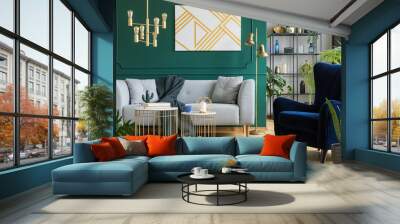 gray sofa and navy armchair in modern elegant interior Wall mural