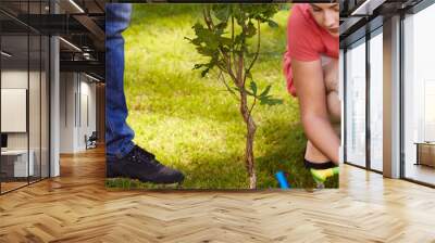 Mother and son watering a tree seedling Wall mural