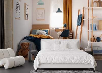 Multifunctional bedroom and workspace interior with bed and desk Wall mural