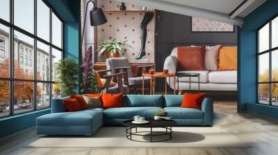 Patterned orange living room interior Wall mural