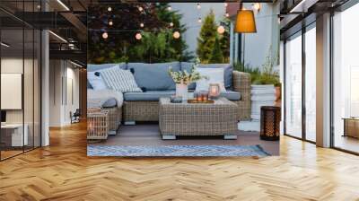 Summer evening on the patio of beautiful suburban house with garden Wall mural