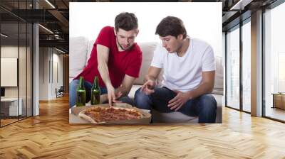 Two men friends eating pizza and drinking beer Wall mural