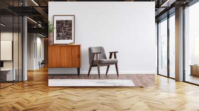 Vintage living room interior with retro furniture and poster on the cabinet, real photo with copy space on the white wall Wall mural