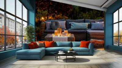 Warm summer night in the garden with trendy furniture, lights, lanterns and candles Wall mural