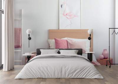 White and pastel pink scandinavian bedroom interior for kid Wall mural