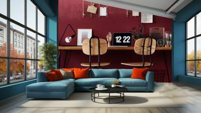 Wooden chairs in cherry workspace Wall mural