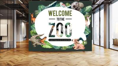 Zoo frame design with crocodile, meerkat, zebra watercolor illustration. Wall mural