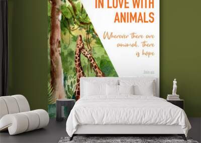 Zoo poster design with giraffe, forest watercolor illustration. Wall mural