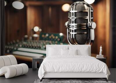 A vintage-style microphone with a polished chrome finish and a retro grille design, placed on a wooden stand in a recording studio Wall mural