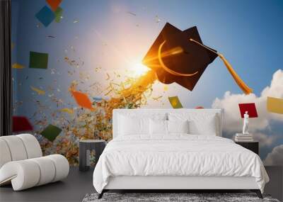 Close-up of a graduation cap hurled into the air, confetti soaring in the sky Wall mural