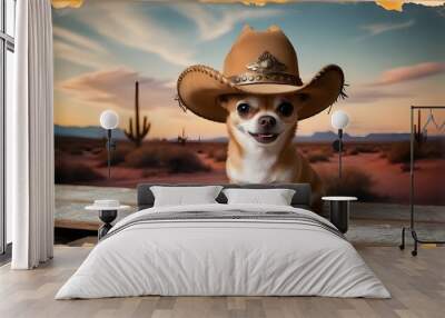 humorous portrait picture of a Chihuahua dog sporting a cowboy hat
 Wall mural