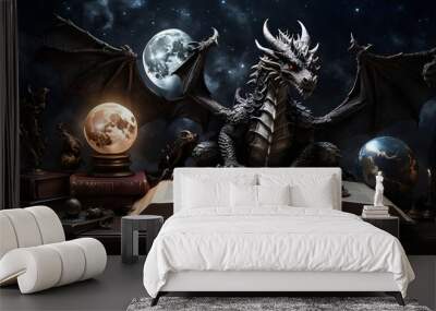 magic book with magic wand,A depiction of the moon with a dark book in its grasp, stars and planets beside it, and two dark dragons one shiny and the other dark next to the book.  Wall mural