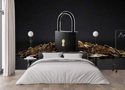 Padlock Symbolizes Safe Data Processing on Black, Padlock and Data Processing Against Black Background, Padlock on Black Backdrop Symbolizing Security, Padlock and Data Processing in Focus, Padlock En Wall mural