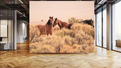 Three wild horses in the vast Utah desert in the western United States Wall mural