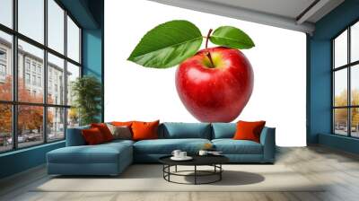 Ripe Red Apple with Green Leaf on Background Wall mural