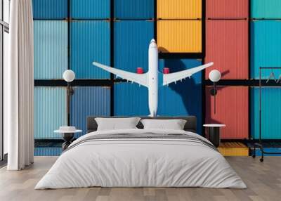 Airplane flying above container yard, multimodal logistics, global reach Wall mural