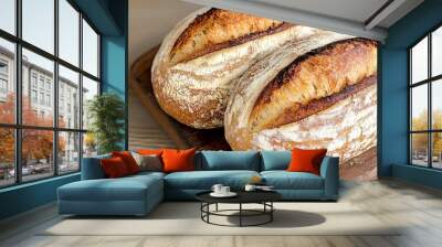 Freshly baked bread with organic grains on a rustic wooden board, farm-to-table bread, natural food artisan Wall mural