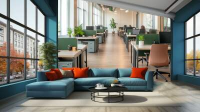 Modern co-working hub with flexible desks, quiet zones, and creative decor, catering to various work styles Wall mural