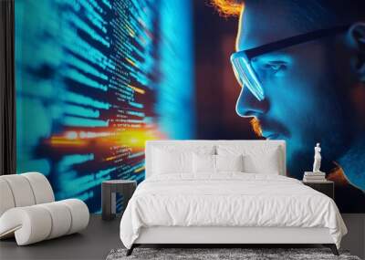 Programmer with virtual tools, coding database, futuristic environment, glowing blue Wall mural