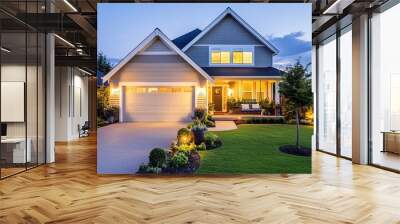 Suburban house with soft lighting, potted plants, and a cozy front porch swing Wall mural