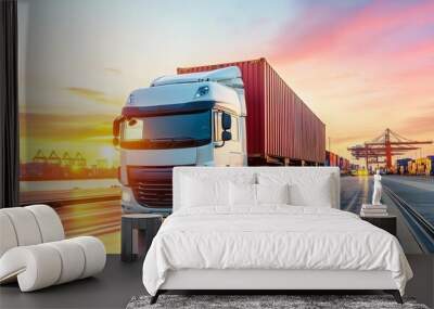 Truck loading goods at port, efficient logistics flow Wall mural