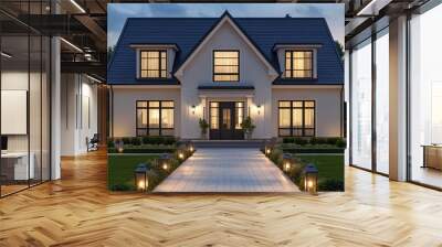 Two-story suburban house with gabled roofing, classic trim, and lantern-lit paths Wall mural