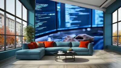 Virtual database environment, coder refining, digital screens, futuristic workspace Wall mural