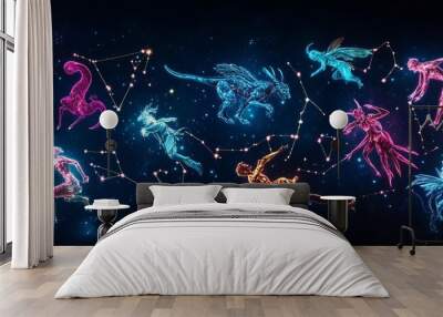 Zodiac figures interacting with mythical creatures, surrounded by glowing constellations Wall mural