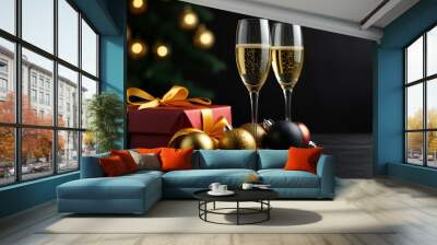 champagne glasses and christmas decorations Wall mural