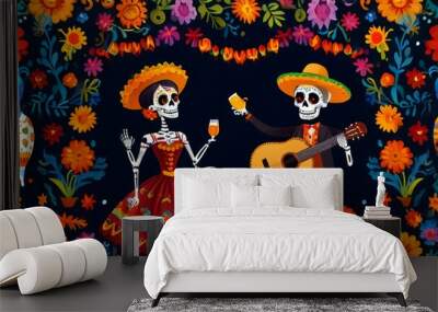 halloween background with skull and flowers Wall mural