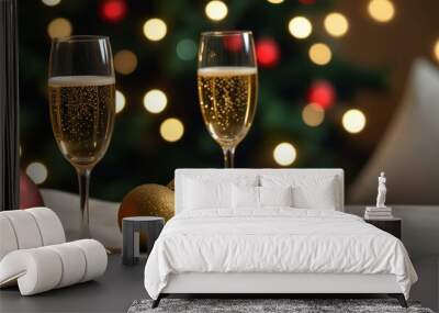 two glasses of champagne and christmas decorations Wall mural