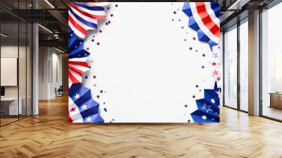 american flag color paper fans with confetti isolated on white background. usa independence day, ame Wall mural